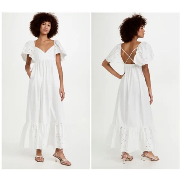 EN SAISON White Poplin Barnette Eyelet Butterfly‎ Flutter Ruffle Cotton dress L - Picture 1 of 12